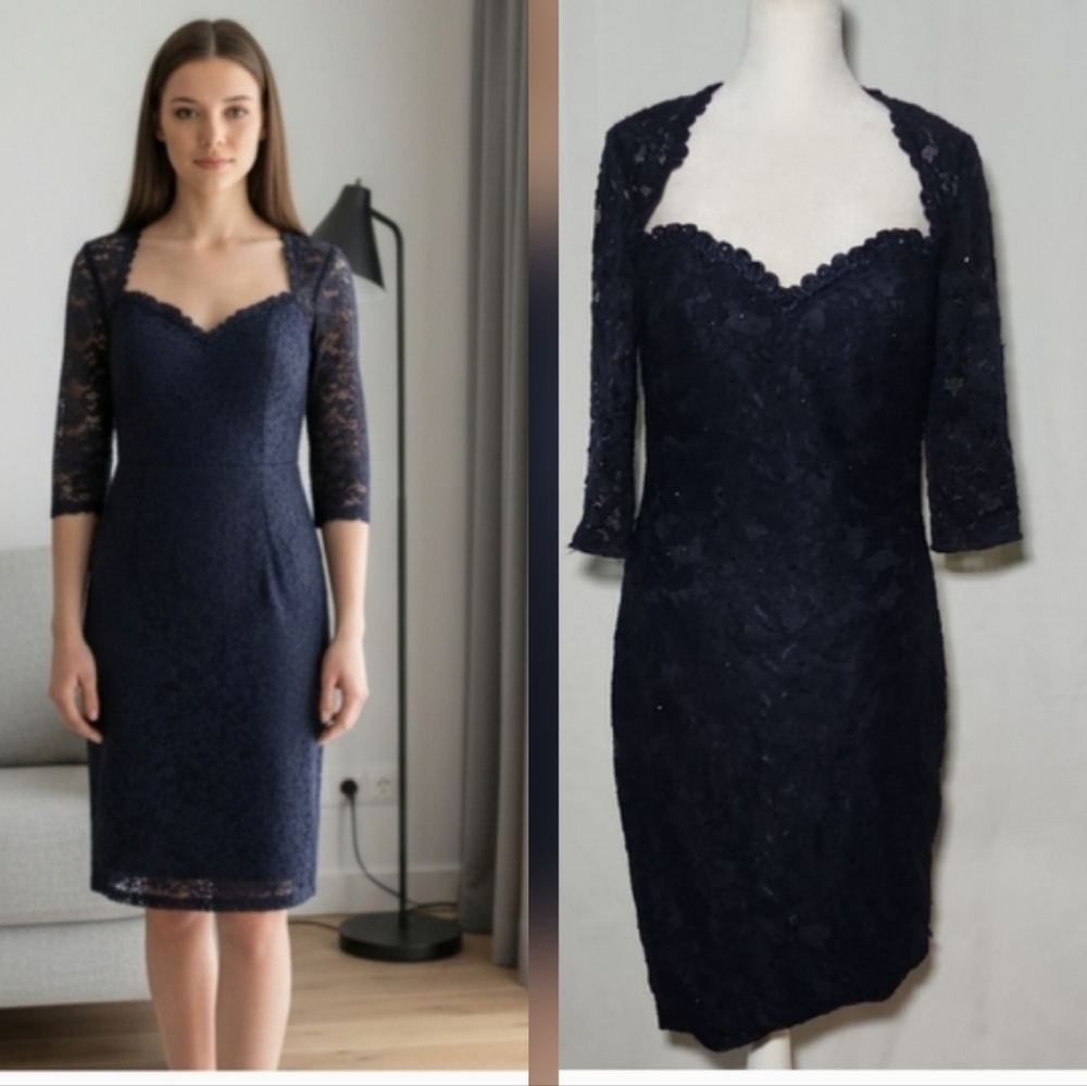 La Femme Navy Lace Long Sleeve Dress